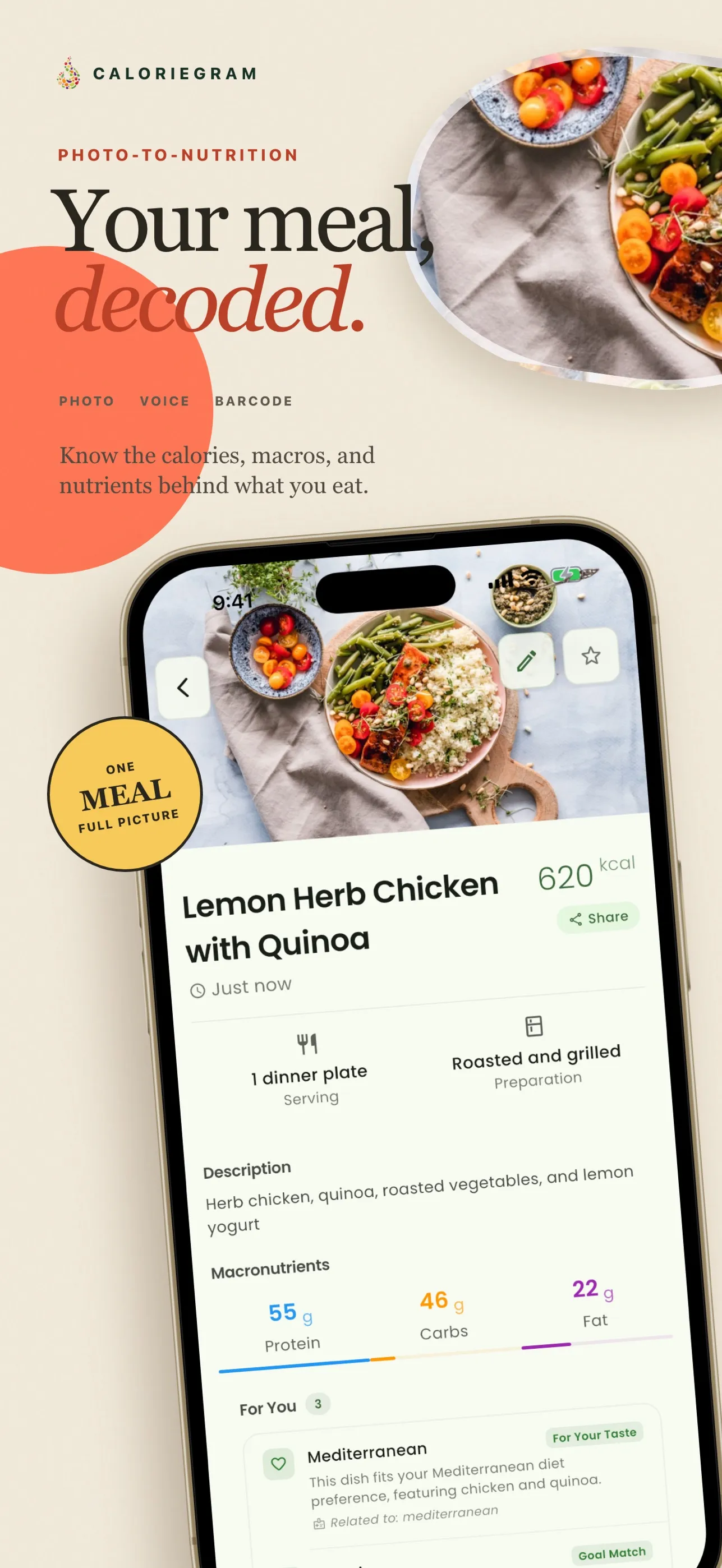 CalorieGram showing calories and macros for a photographed meal