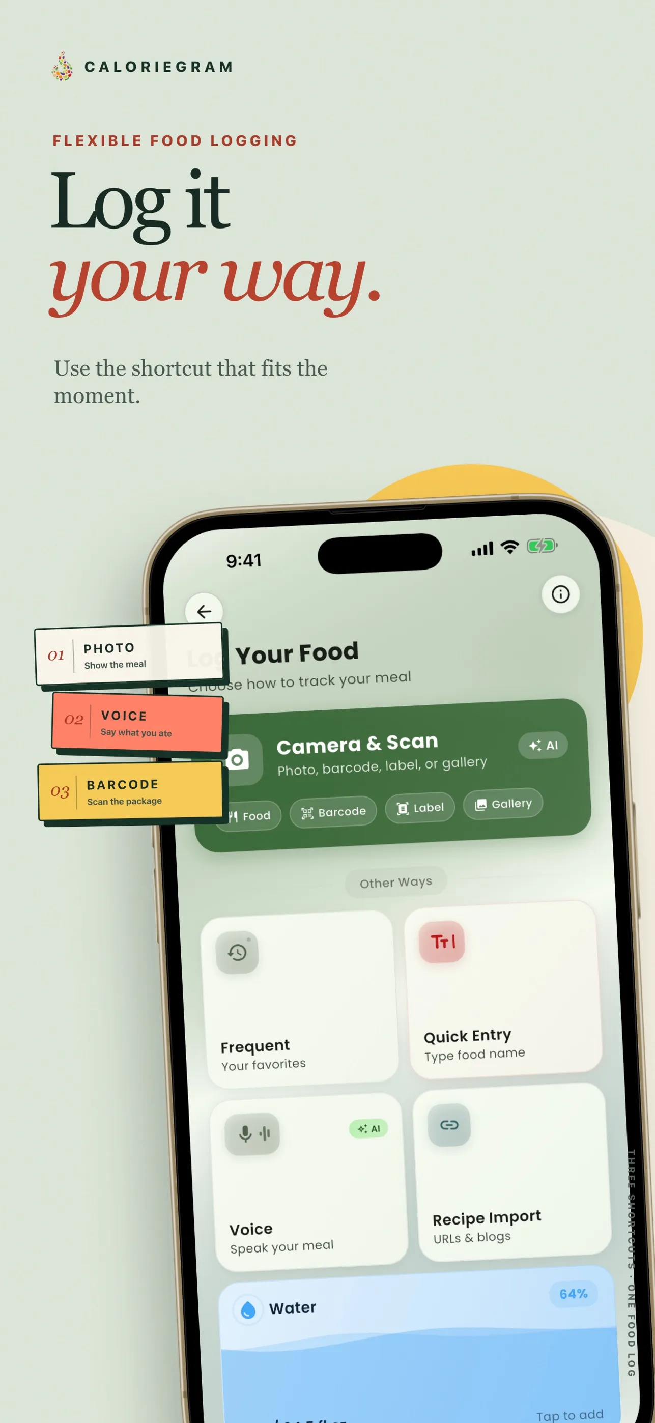 CalorieGram logging a meal by photo, voice, text or barcode
