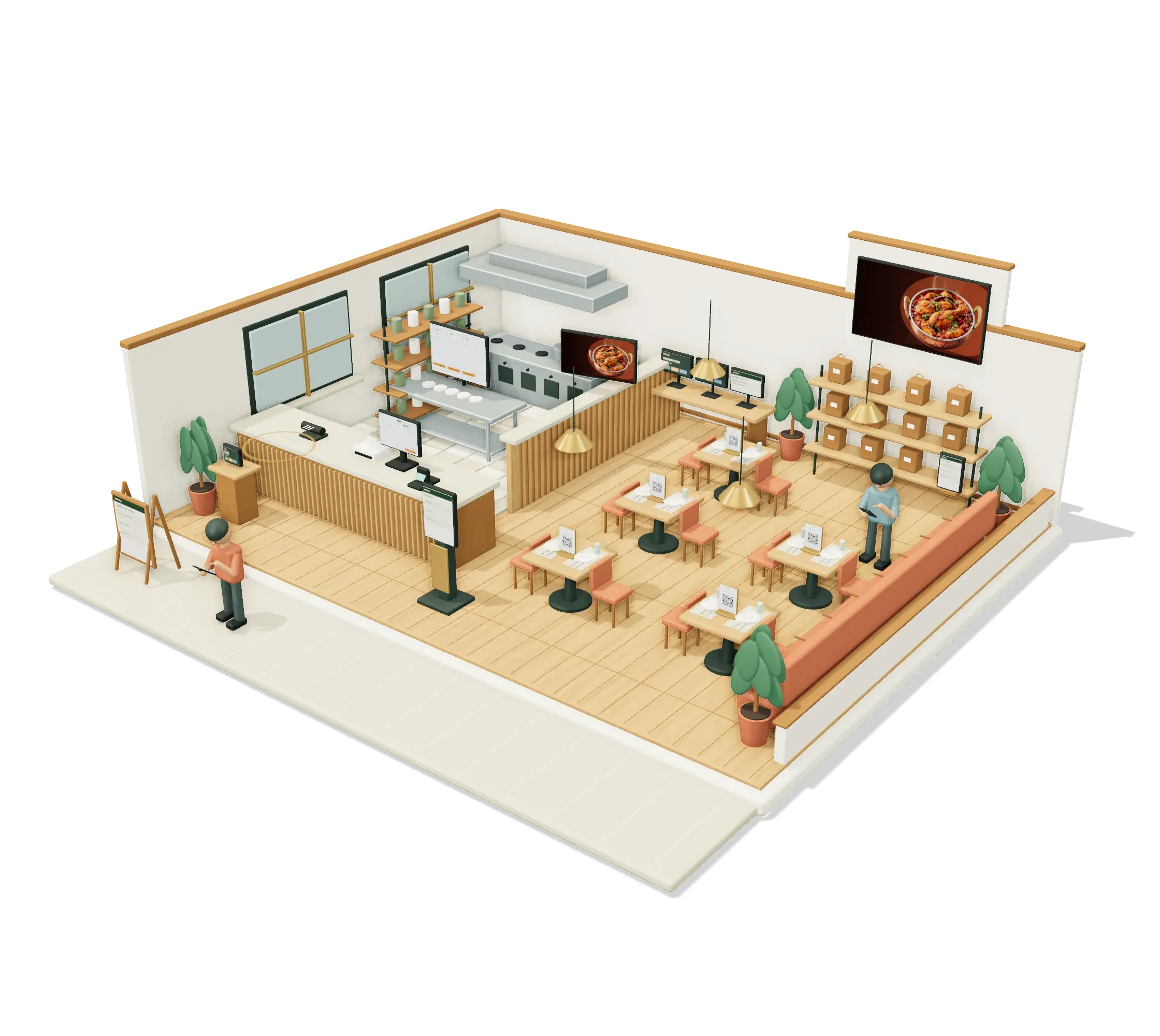 RestCall's restaurant platform shown as an isometric restaurant with phone orders, kitchen, table QR and owner app